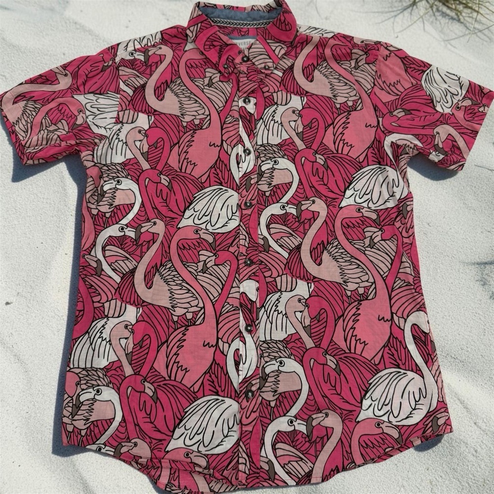 Reverse Threads Mens Pink Flock Penguin Print Short Sleeve Shirt 100% Cotton S